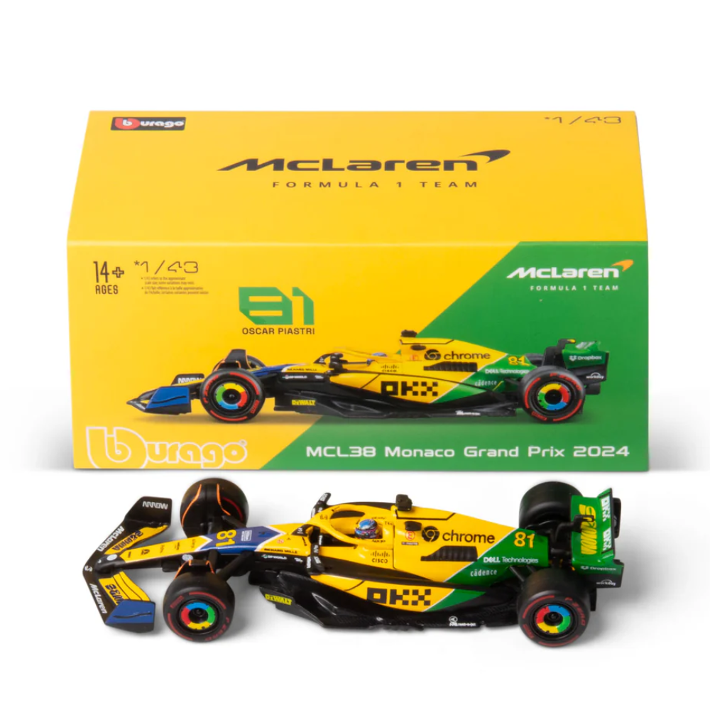 Bburago F1 McLaren F1 MCL38 2024 With Helmet - Oscar Piastri Special Ayrton Senna Livery 1/43 Scale Model