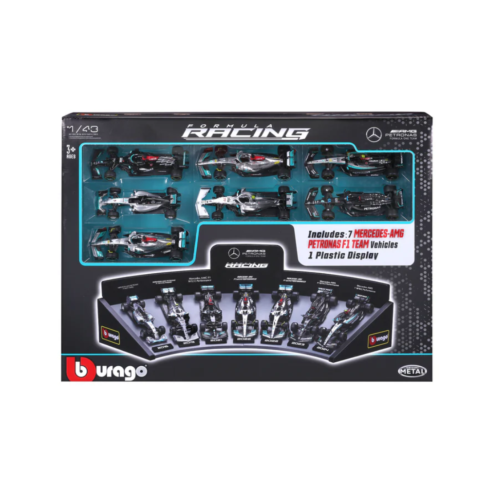 Bburago F1 Mercedes F1 Team AMG Deluxe Gift Set With Display Stand (7-Car Set) 1/43 Scale Model
