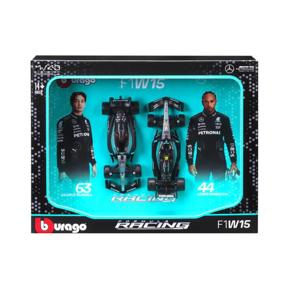 Bburago F1 Mercedes F1 Team AMG W15 2024 Two Pack Lewis Hamilton and George Russell 1/43 Scale Model
