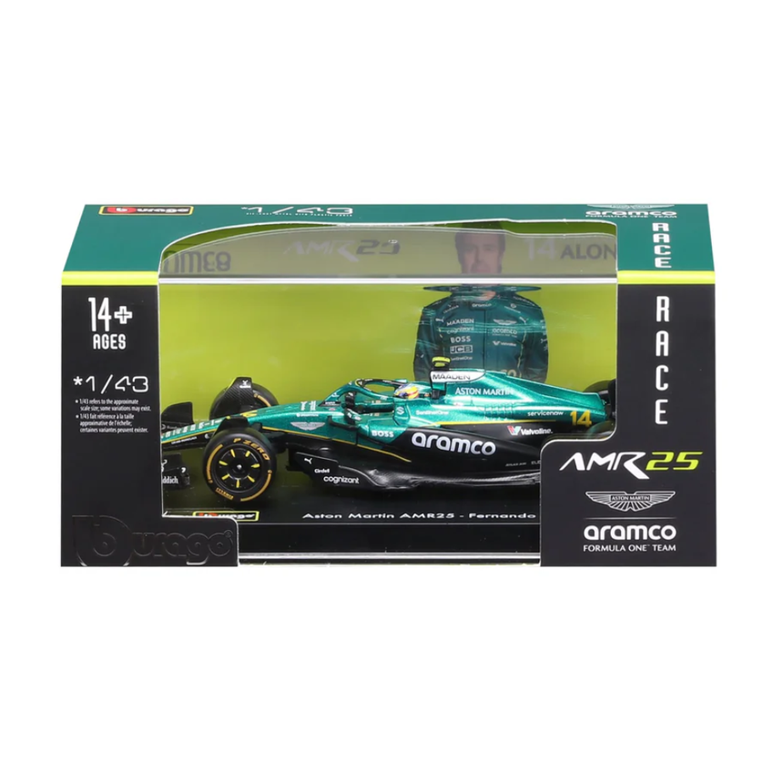 Bburago F1 Aston Martin F1 Team AMR25 2025 Fernando Alonso With Helmet 1/43 Scale Model