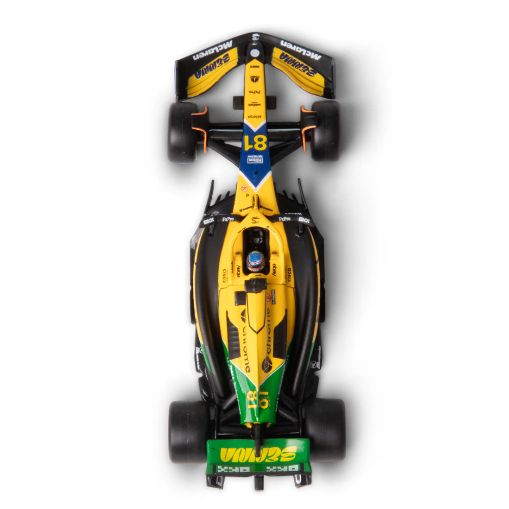 Bburago F1 McLaren F1 MCL38 2024 With Helmet - Oscar Piastri Special Ayrton Senna Livery 1/43 Scale Model