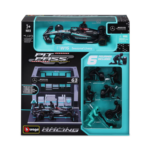 Bburago F1 Mercedes F1 Team AMG W15 2024 Pit Pass Diorama George Russell 1/43 Scale Model