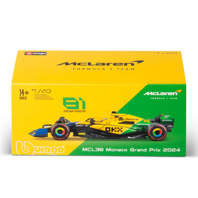 Bburago F1 McLaren F1 MCL38 2024 With Helmet - Oscar Piastri Special Ayrton Senna Livery 1/43 Scale Model