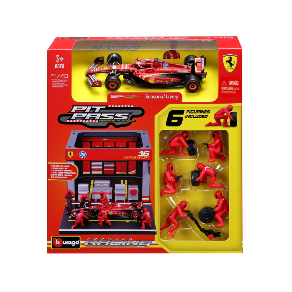 Bburago F1 Ferrari F1 Team SF-24 2024 Pit Pass Diorama Charles Leclerc 1/43 Scale