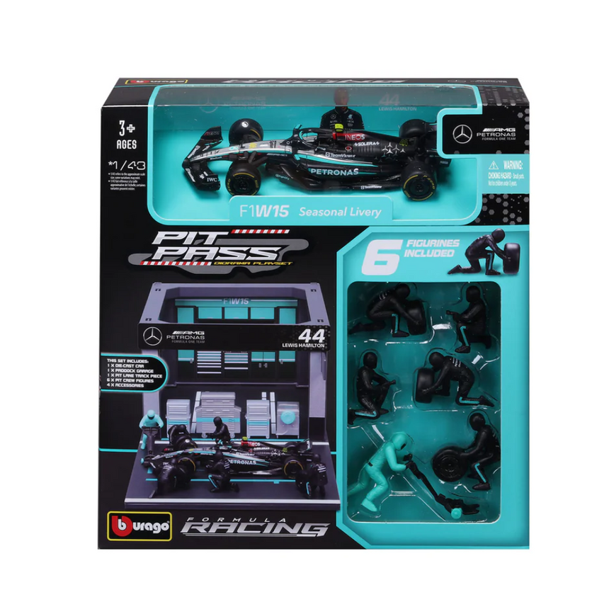 Bburago F1 Mercedes F1 Team AMG W15 2024 Pit Pass Diorama Lewis Hamilton 1/43 Scale