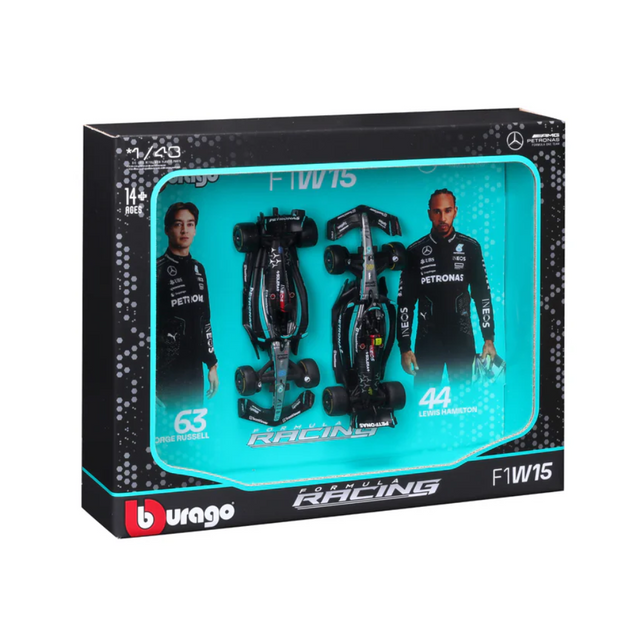 Bburago F1 Mercedes F1 Team AMG W15 2024 Two Pack Lewis Hamilton and George Russell 1/43 Scale Model