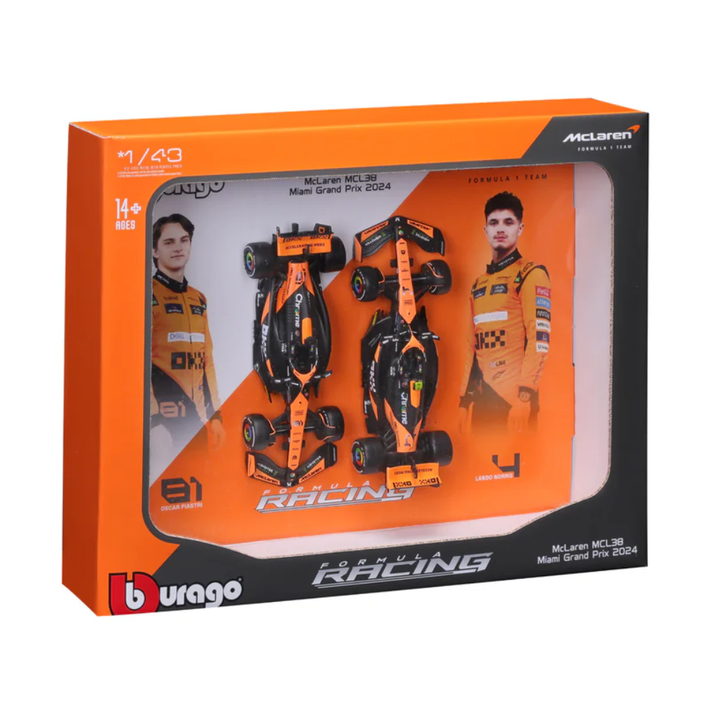 Bburago F1 Mclaren F1 Team MCL38 2024 Two Pack Lando Norris and Oscar Piastri 1/43 Scale