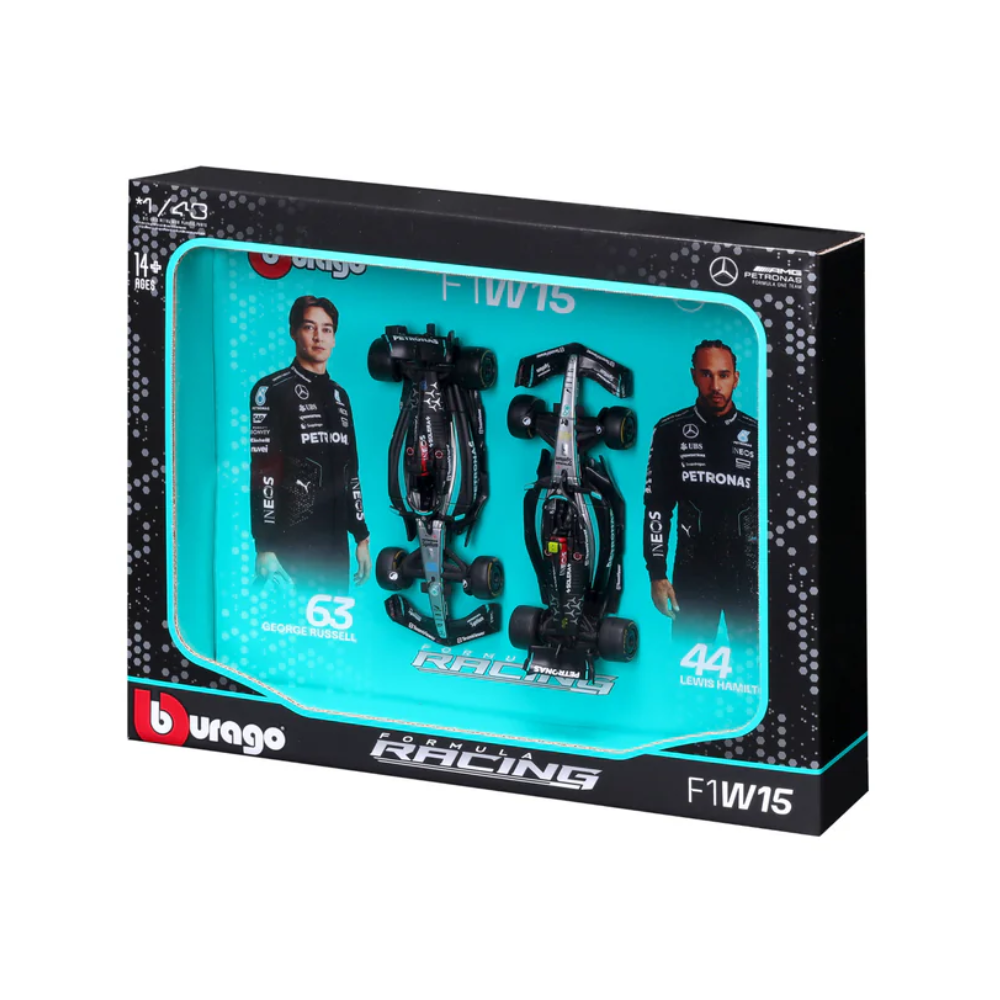 Bburago F1 Mercedes F1 Team AMG W15 2024 Two Pack Lewis Hamilton and George Russell 1/43 Scale Model