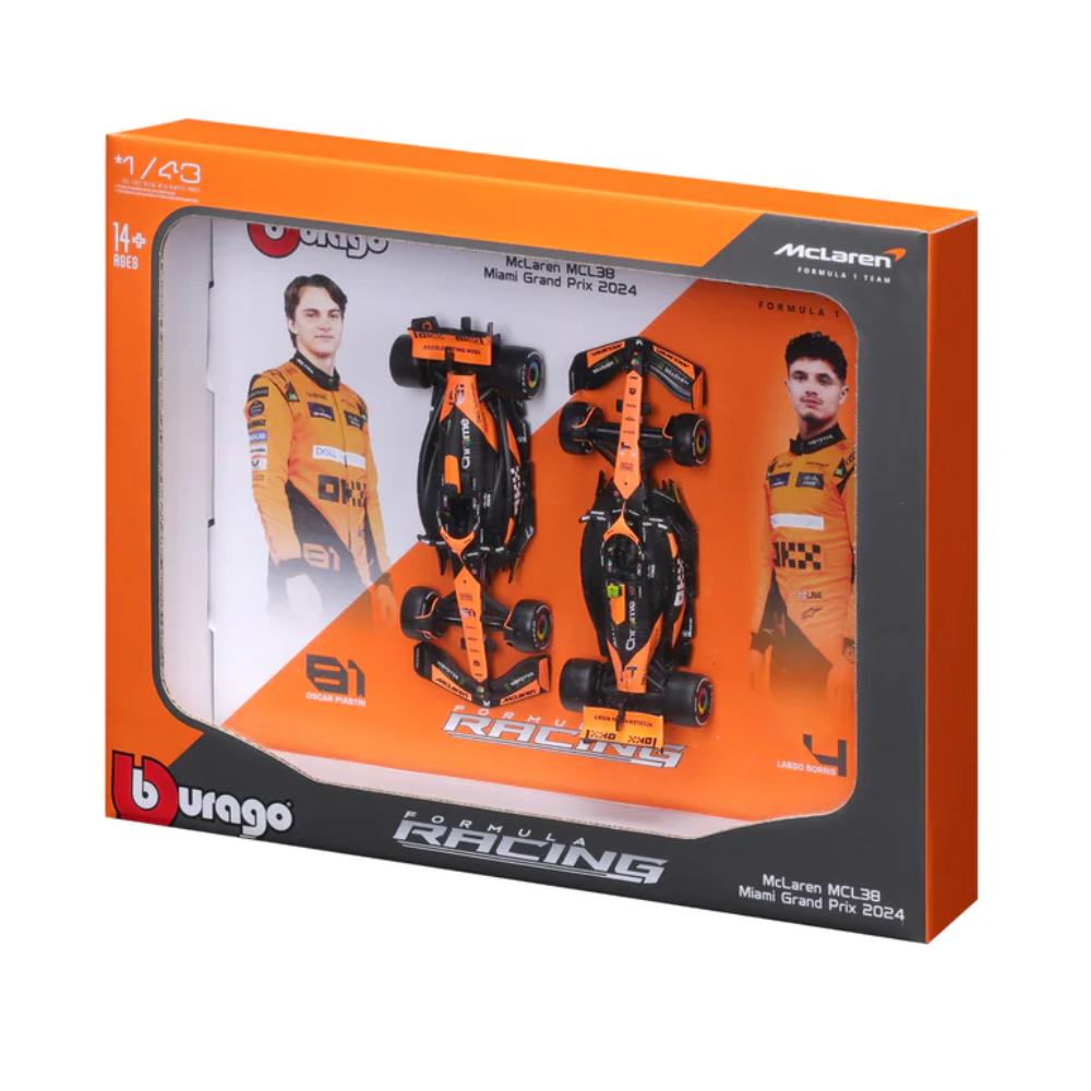 Bburago F1 Mclaren F1 Team MCL38 2024 Two Pack Lando Norris and Oscar Piastri 1/43 Scale