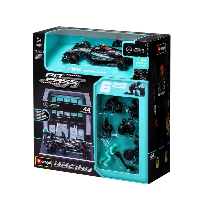 Bburago F1 Mercedes F1 Team AMG W15 2024 Pit Pass Diorama Lewis Hamilton 1/43 Scale