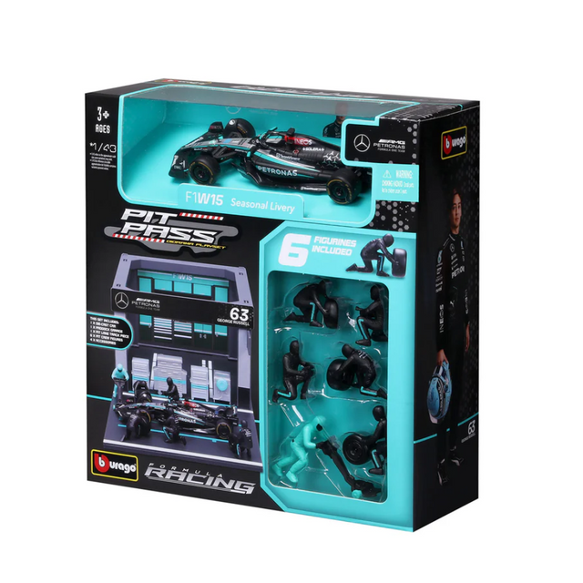 Bburago F1 Mercedes F1 Team AMG W15 2024 Pit Pass Diorama George Russell 1/43 Scale Model