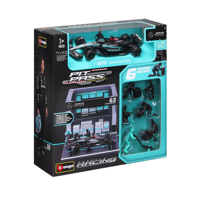 Bburago F1 Mercedes F1 Team AMG W15 2024 Pit Pass Diorama George Russell 1/43 Scale Model