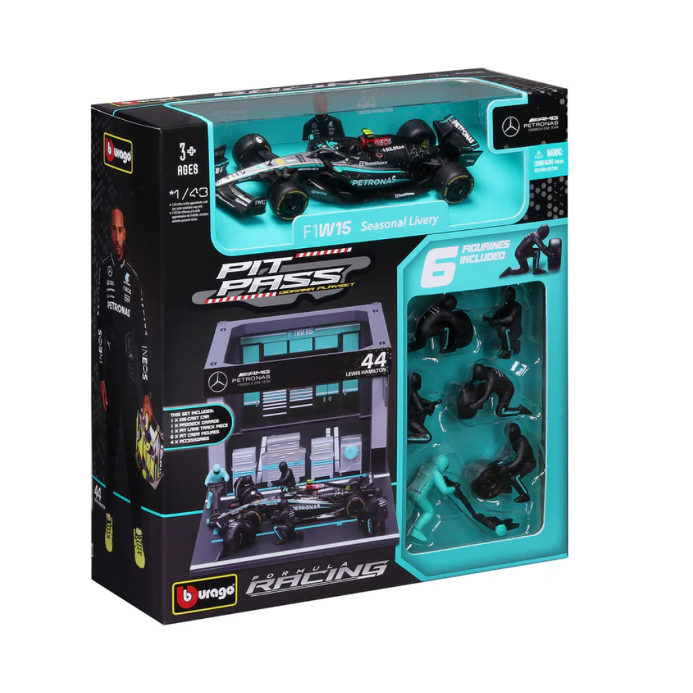 Bburago F1 Mercedes F1 Team AMG W15 2024 Pit Pass Diorama Lewis Hamilton 1/43 Scale
