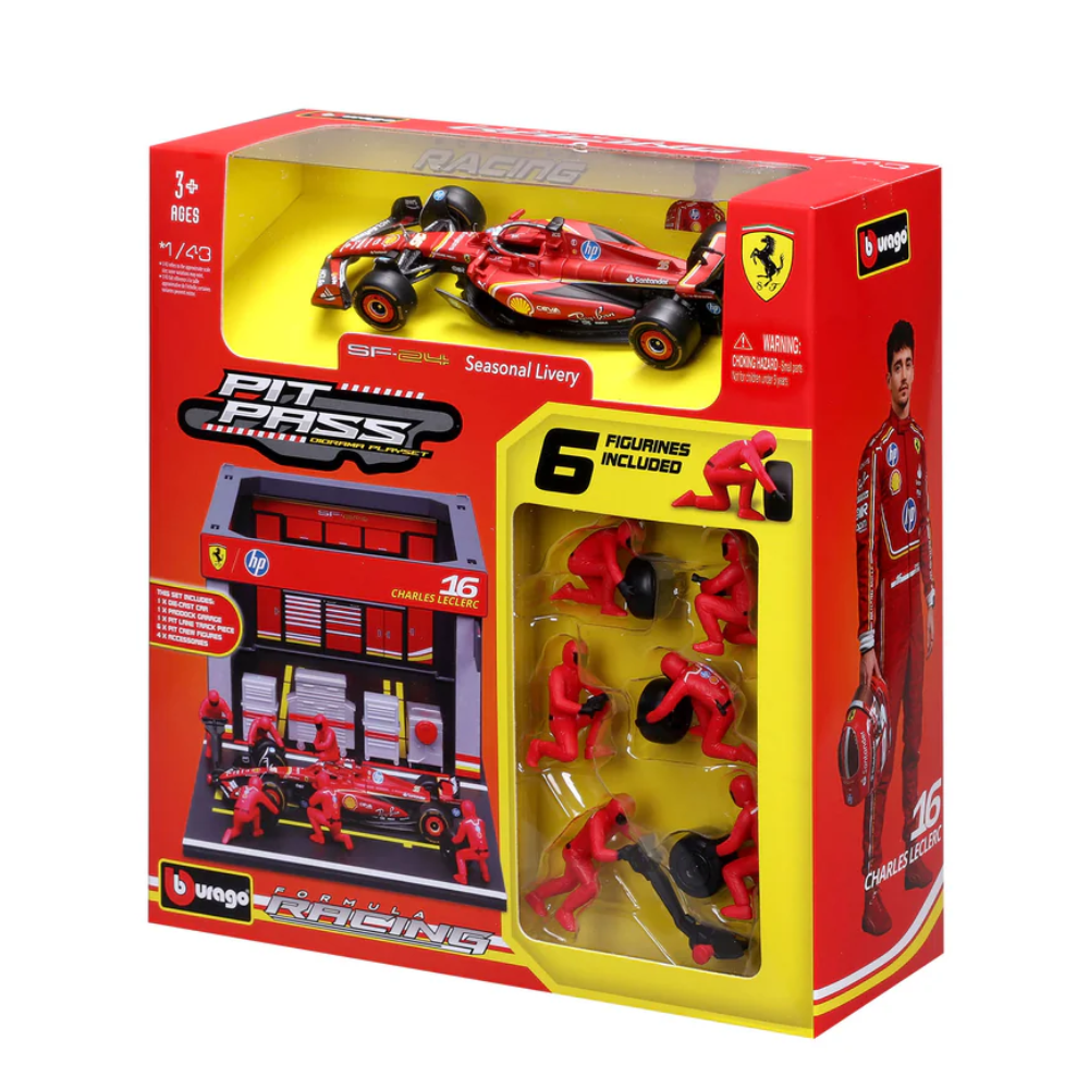 Bburago F1 Ferrari F1 Team SF-24 2024 Pit Pass Diorama Charles Leclerc 1/43 Scale