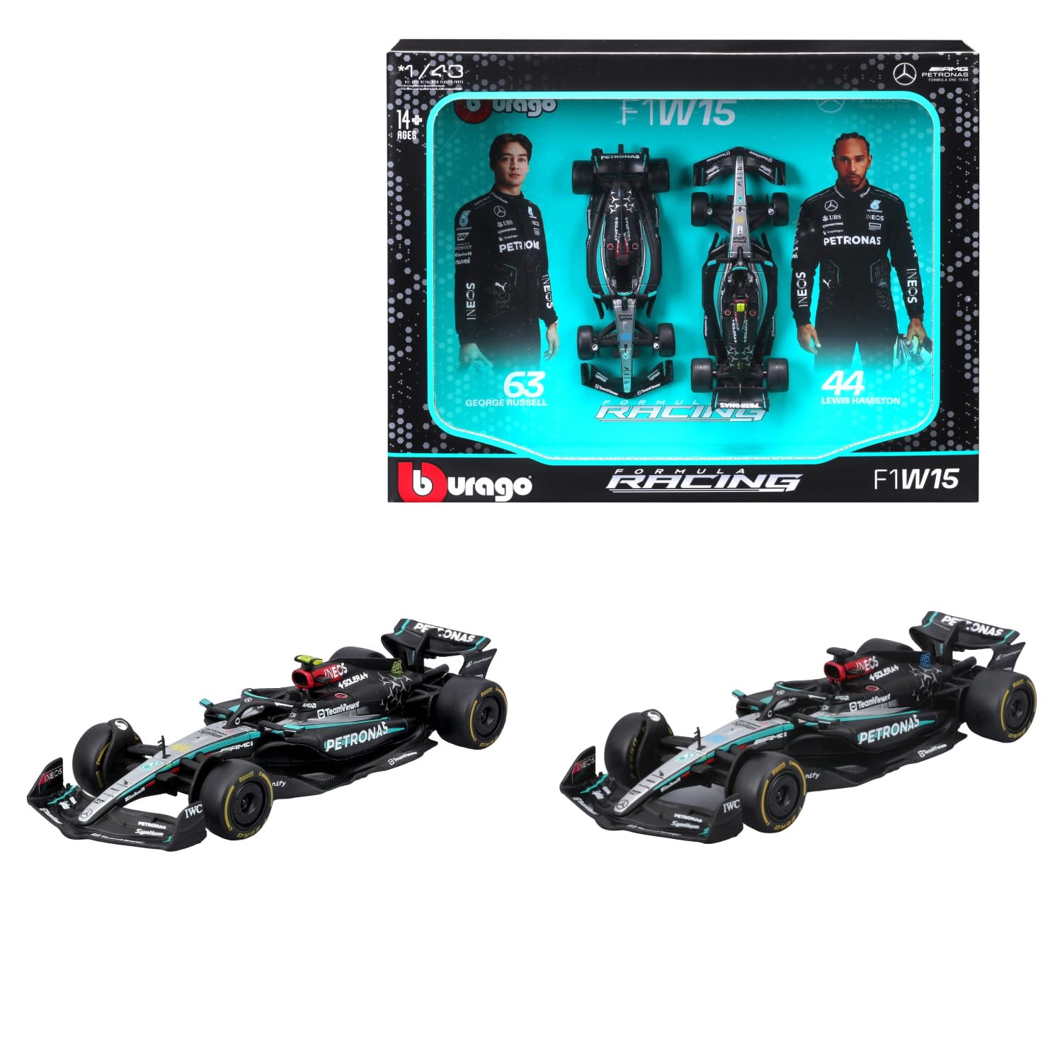 Bburago F1 Mercedes F1 Team AMG W15 2024 Two Pack Lewis Hamilton and George Russell 1/43 Scale Model