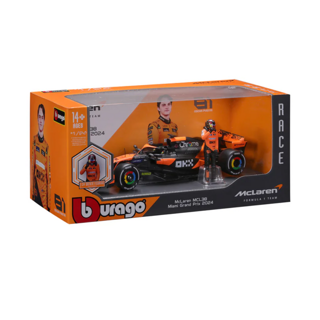 Bburago F1 McLaren F1 MCL38 2024 With Driver Figure - Oscar Piastri 1/24 Scale Model