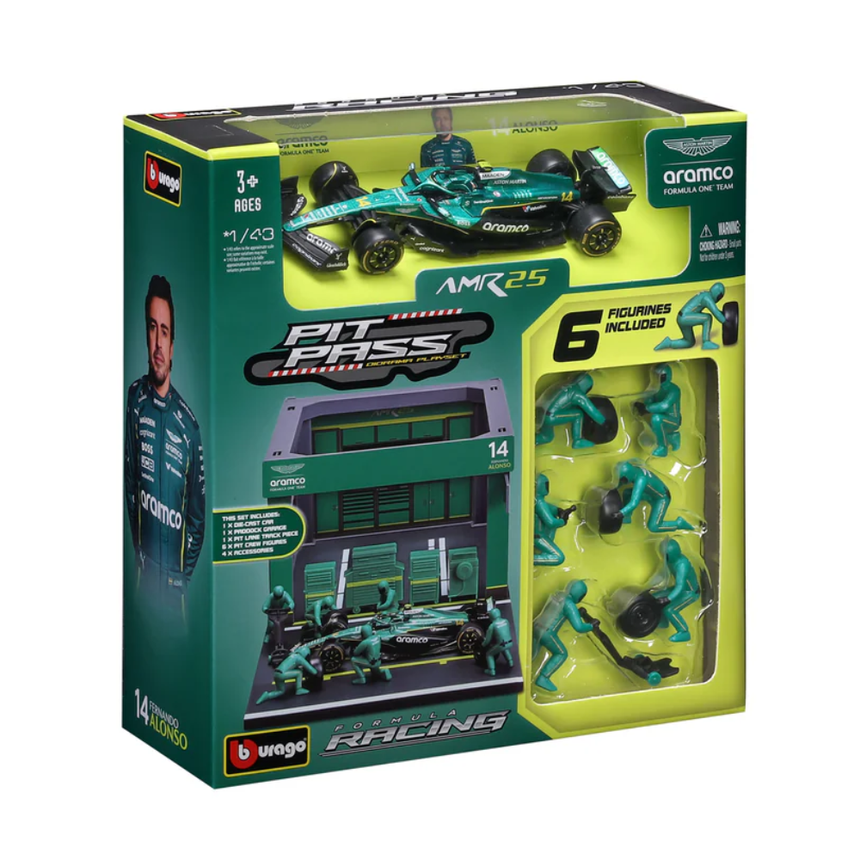 Bburago F1 Aston Martin F1 Team AMR25 Pit Pass Diorama Fernando Alonso 1/43 Scale Model