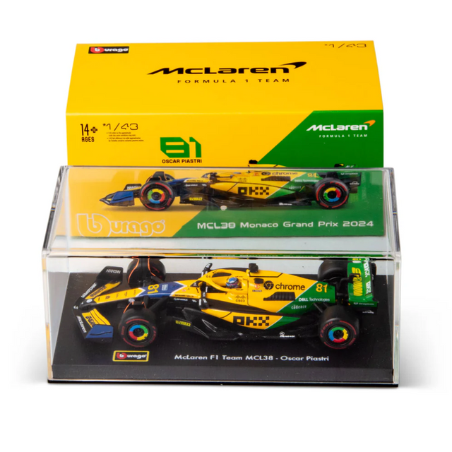 Bburago F1 McLaren F1 MCL38 2024 With Helmet - Oscar Piastri Special Ayrton Senna Livery 1/43 Scale Model