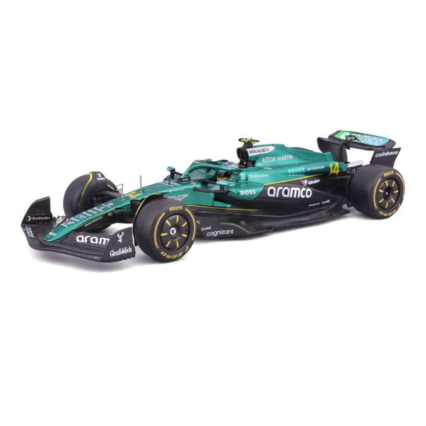 Bburago F1 Aston Martin F1 Team AMR24 With Helmet Fernando Alonso 1/24 Scale Model