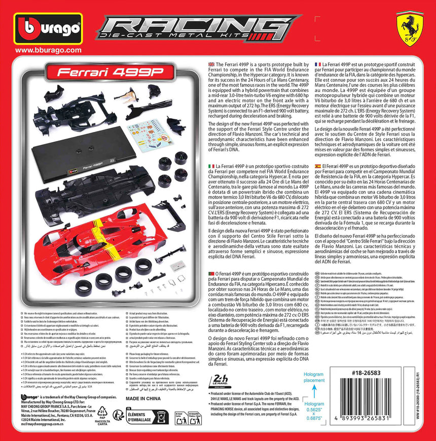 Bburago Ferrari Racing Kit 499P Le Mans Hypercar #51 1/24 Scale