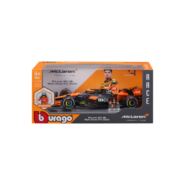Bburago F1 McLaren F1 MCL38 2024 With Driver Figure Lando Norris 1/24 Scale Model