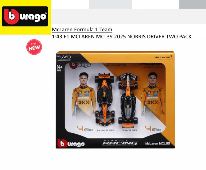 Bburago F1 McLaren F1 Team MCL39 2025 Lando Norris Driver Two Pack 1/43 Scale Model