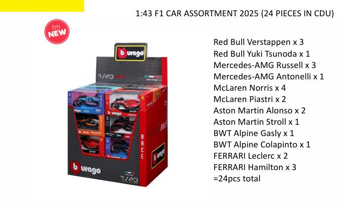 Bburago F1 Car Assortment 2025 1/43 Scale Model (1 mystery car)