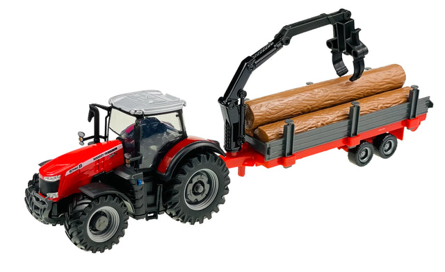 Bburago Massey Fergusson 8740S Tractor With Log Trailer (10cm) 1/50 Scale Model