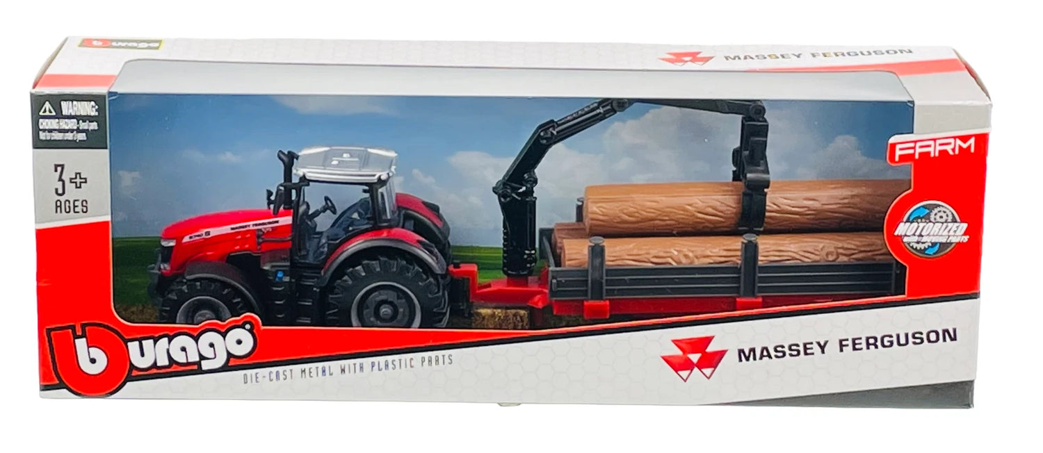 Bburago Massey Fergusson 8740S Tractor With Log Trailer (10cm) 1/50 Scale Model
