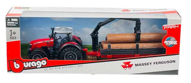 Bburago Massey Fergusson 8740S Tractor With Log Trailer (10cm) 1/50 Scale Model