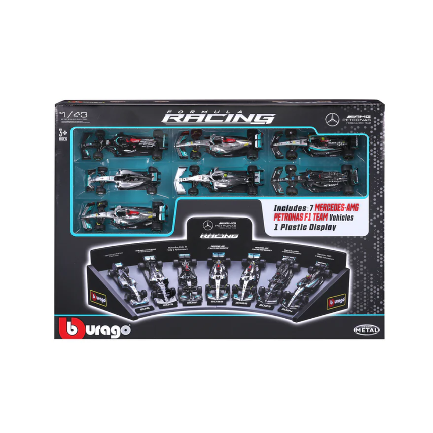 Bburago F1 Mercedes F1 Team AMG Deluxe Gift Set With Display Stand (7-Car Set) 1/43 Scale Model
