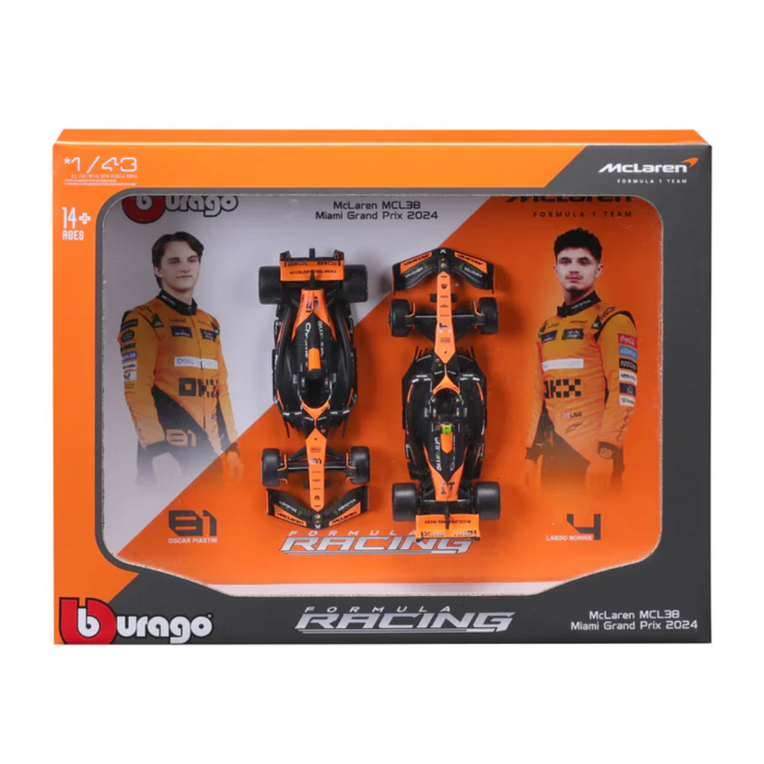 Bburago F1 Mclaren F1 Team MCL38 2024 Two Pack Lando Norris and Oscar Piastri 1/43 Scale