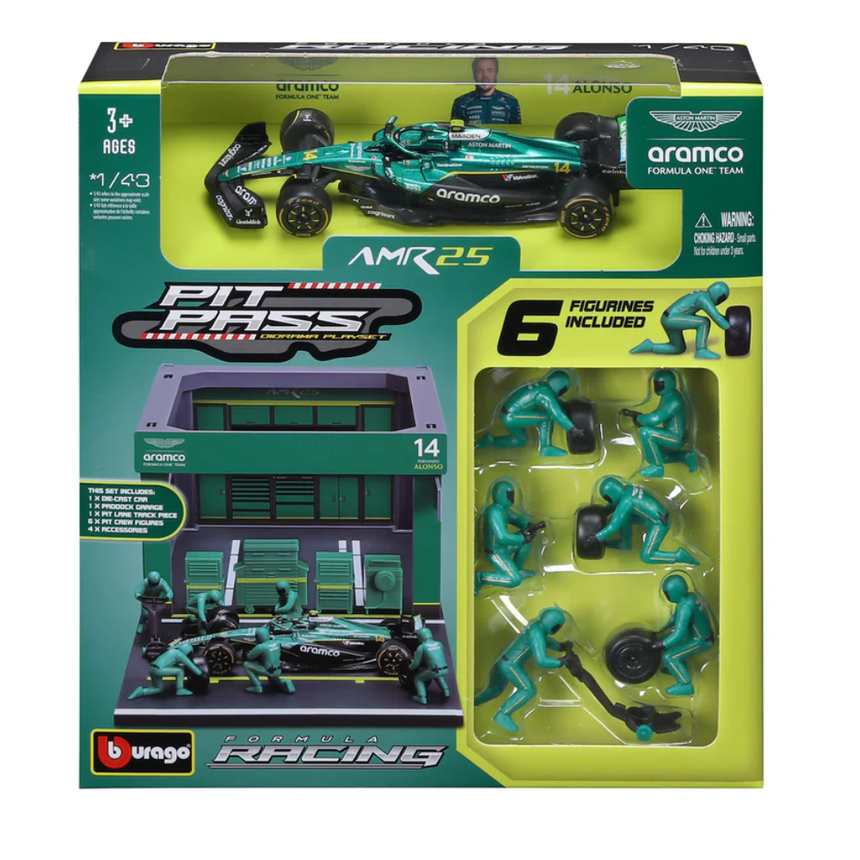 Bburago F1 Aston Martin F1 Team AMR25 Pit Pass Diorama Fernando Alonso 1/43 Scale Model