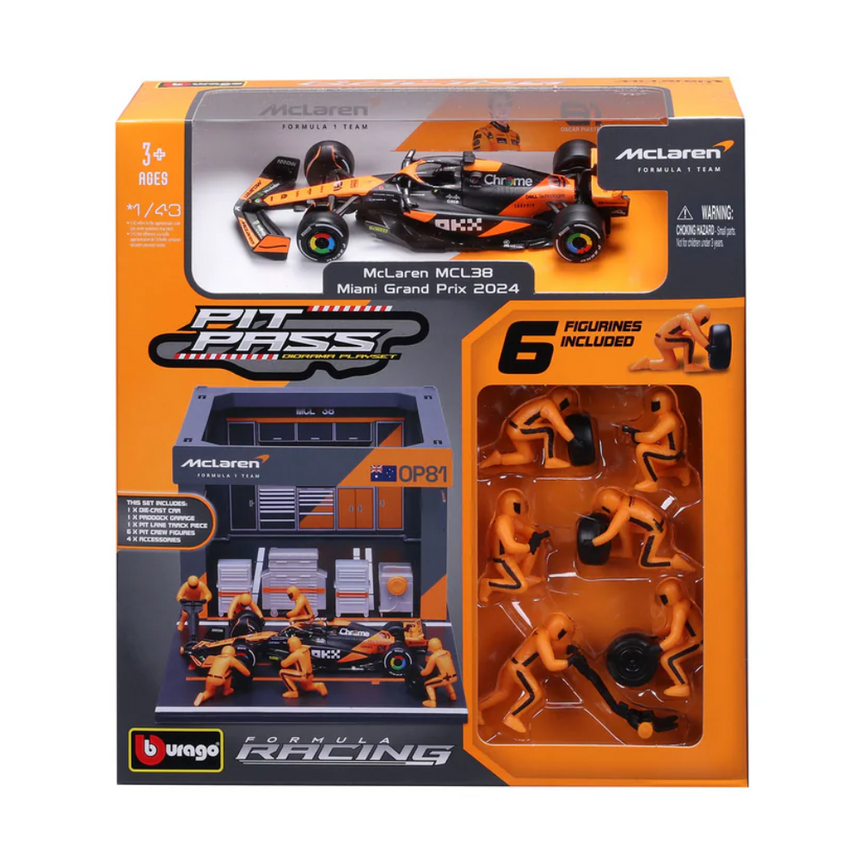 Bburago F1 Mclaren F1 Team MCL38 2024 Pit Pass Diorama Oscar Piastri 1/43 Scale