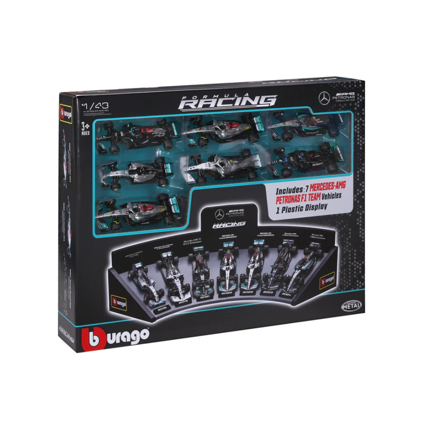 Bburago F1 Mercedes F1 Team AMG Deluxe Gift Set With Display Stand (7-Car Set) 1/43 Scale Model