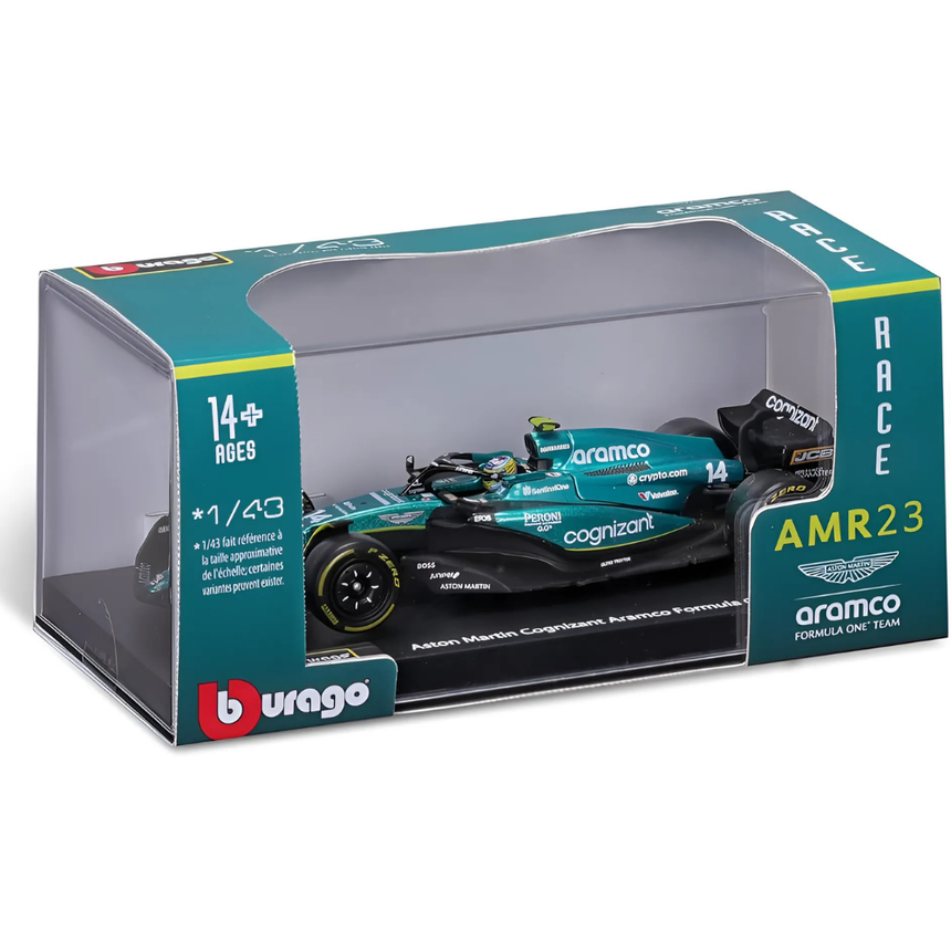 Bburago F1 Aston Martin F1 2023 AMR23 No.14 - Fernando Alonso With Helmet 1/43 Scale