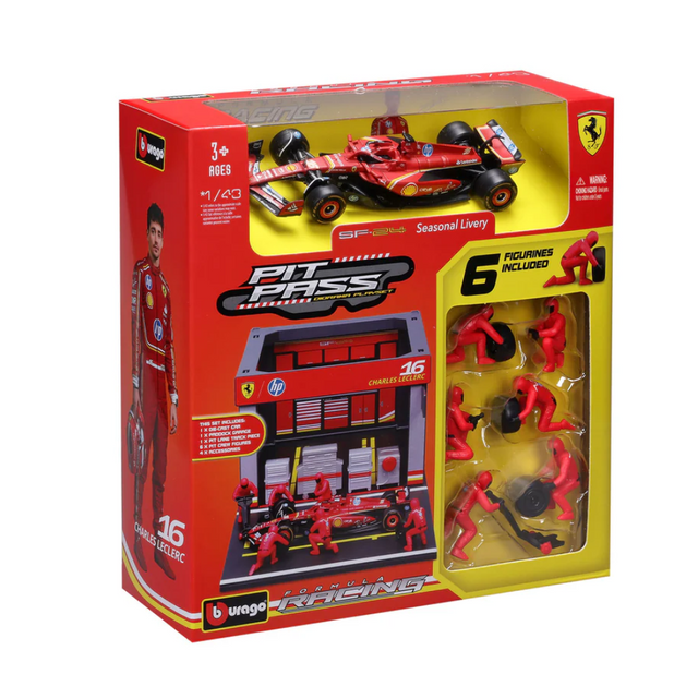 Bburago F1 Ferrari F1 Team SF-24 2024 Pit Pass Diorama Charles Leclerc 1/43 Scale