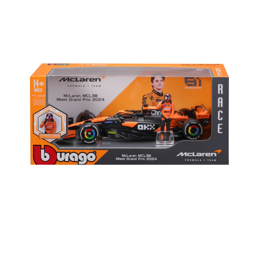 Bburago F1 McLaren F1 MCL38 2024 With Driver Figure - Oscar Piastri 1/24 Scale