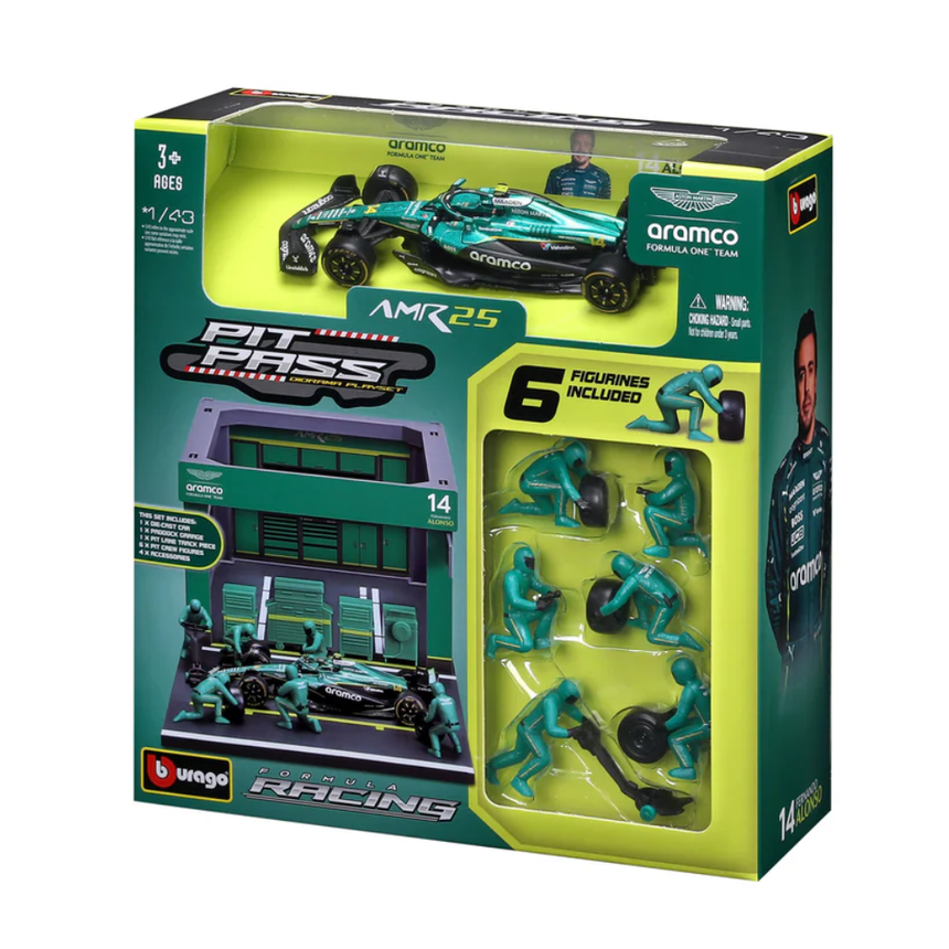 Bburago F1 Aston Martin F1 Team AMR25 Pit Pass Diorama Fernando Alonso 1/43 Scale Model