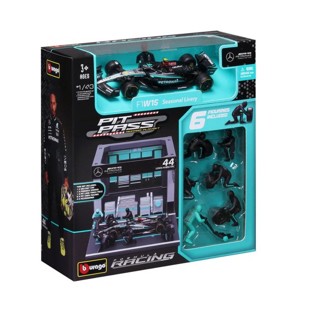 Bburago F1 Mercedes F1 Team AMG W15 2024 Pit Pass Diorama Lewis Hamilton 1/43 Scale