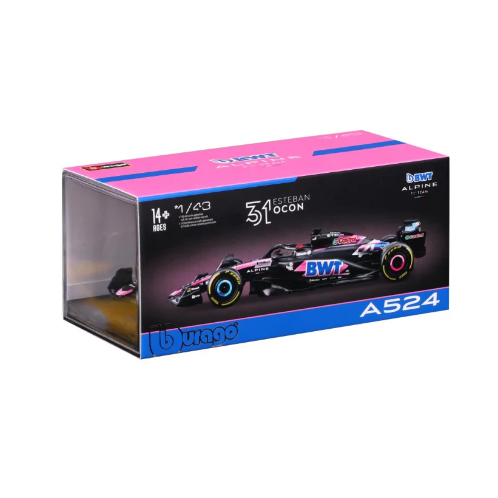 Bburago Alpine A524 2024 – Modello Auto Formula 1 In Scala 1:43 – Driver Esteban Ocon #31 – Colori Rosa E Nero – Miniatura 12,5 Cm