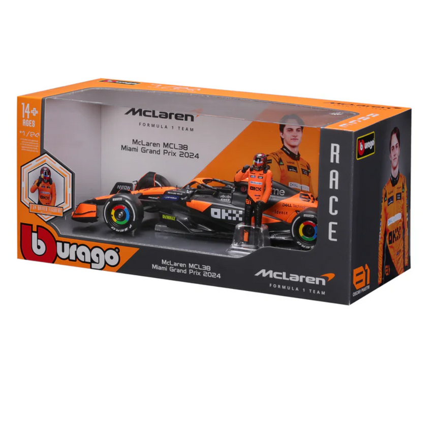 Bburago F1 McLaren F1 MCL38 2024 With Driver Figure - Oscar Piastri 1/24 Scale