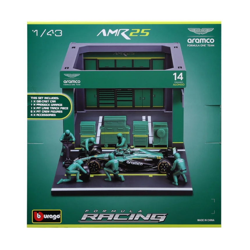 Bburago F1 Aston Martin F1 Team AMR25 Pit Pass Diorama Fernando Alonso 1/43 Scale Model