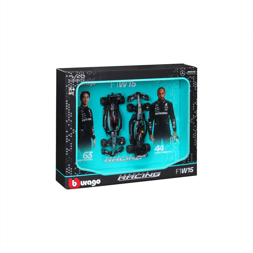 Bburago F1 Mercedes F1 Team AMG W15 2024 Two Pack Lewis Hamilton and George Russell 1/43 Scale
