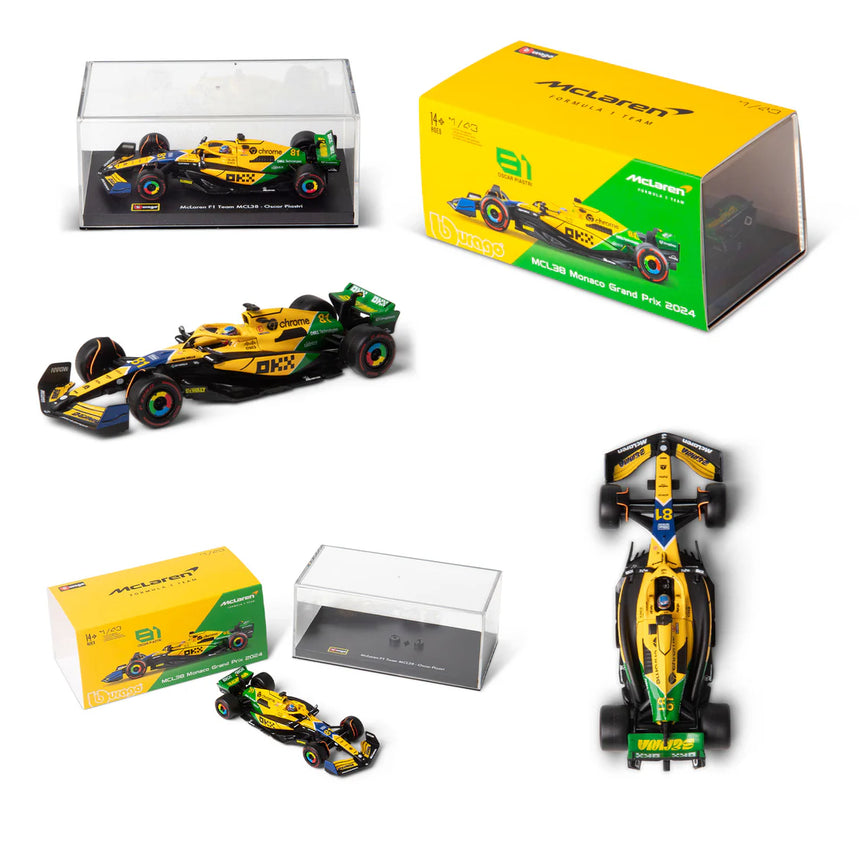 Bburago F1 McLaren F1 MCL38 2024 With Helmet - Oscar Piastri Special Ayrton Senna Livery 1/43 Scale Model