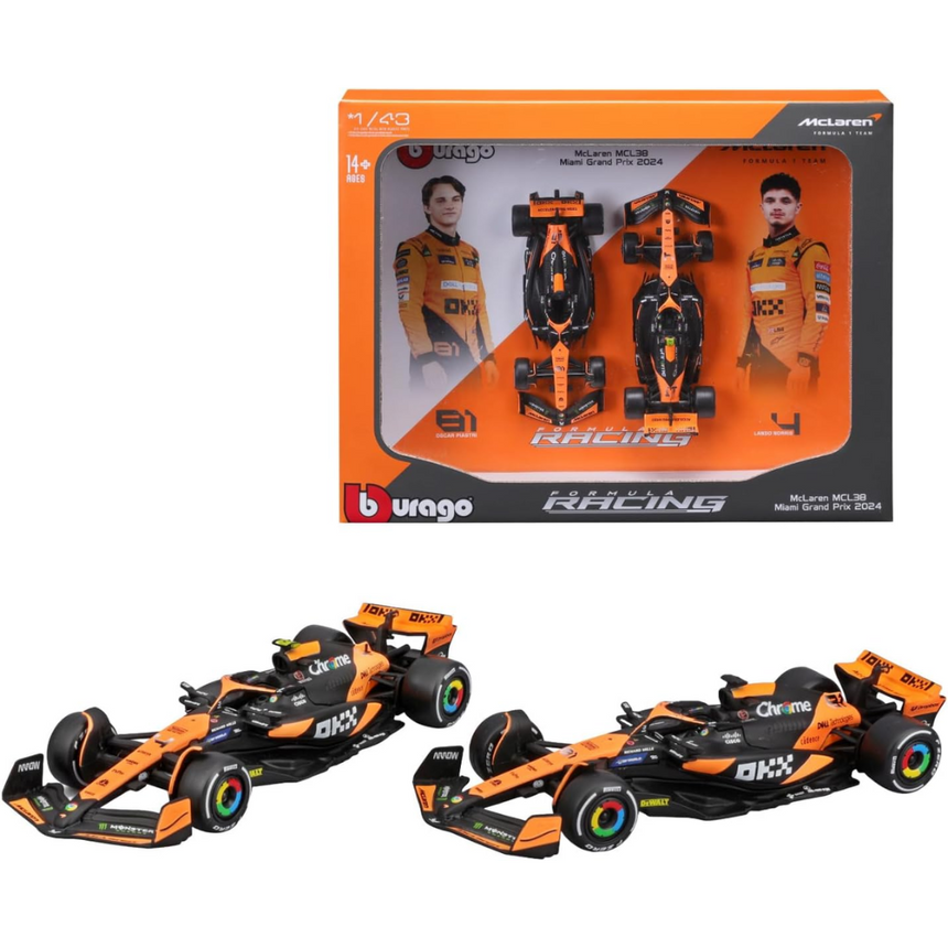 Bburago F1 Mclaren F1 Team MCL38 2024 Two Pack Lando Norris and Oscar Piastri 1/43 Scale