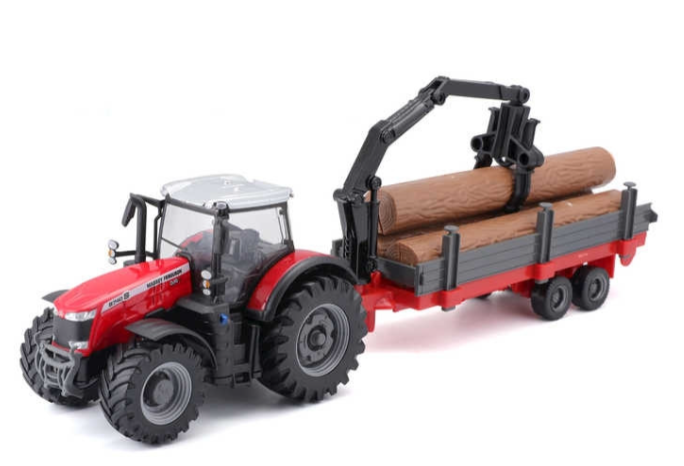 Bburago 10cm Massey Fergusson 8740S Tractor With Log Trailer 1/50 Scale