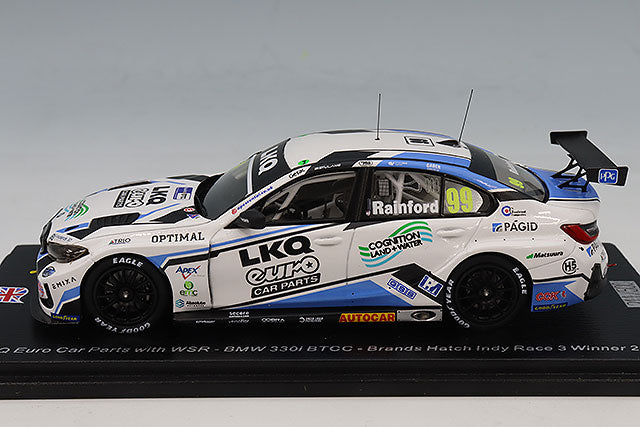 Spark Models LKQ Euro Car Parts with WSR No. 99 BMW 330i BTCC - Brands Hatch Indy Race 3 Winner 2025 - Charles Rainford 1/43 Scale Model