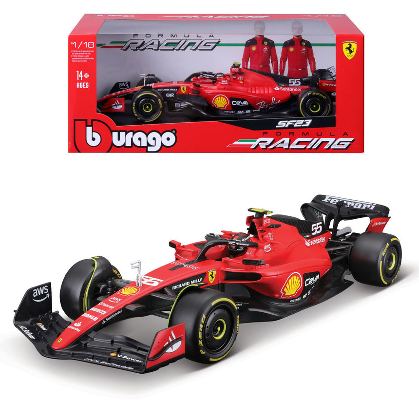 Bburago F1 2023 Ferrari F1 Team SF-23 No.55 - Carlos Sainz With Helmet 1/18 Scale