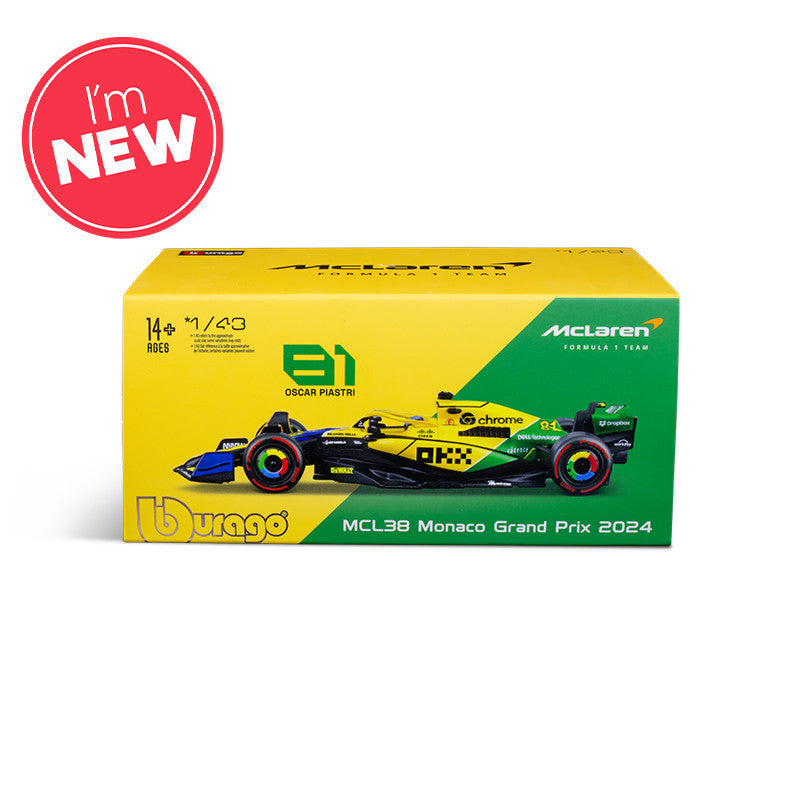 Bburago F1 McLaren F1 MCL38 2024 With Helmet - Oscar Piastri Special Ayrton Senna Livery 1/43 Scale